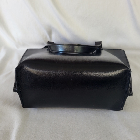 Vintage Black Leather Bucket Bag Mini Tote Dual Top Handles - Picture 5 of 8